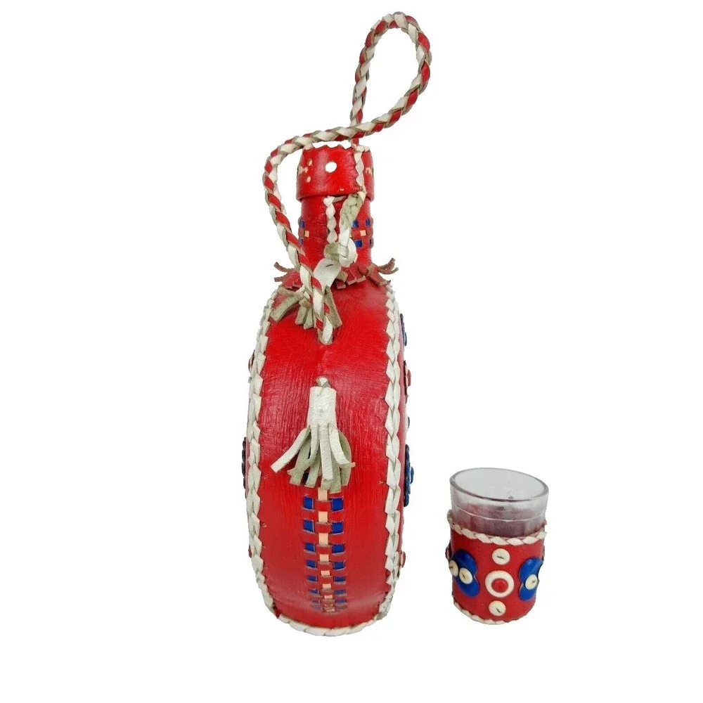 Vintage 70s Folk Art Bohemian Floral Leather Wrapped Glass Canteen & Shot Glass